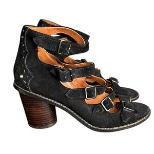 Coach Leather Women's Buckle Bootie Prairie Rivets Open Toe Black Suede Size 7.5